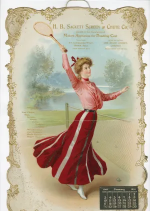 1904 Sackett Screen and Chute Company Die-Cut Advertising Calendar, Modern Woman Tennis Player