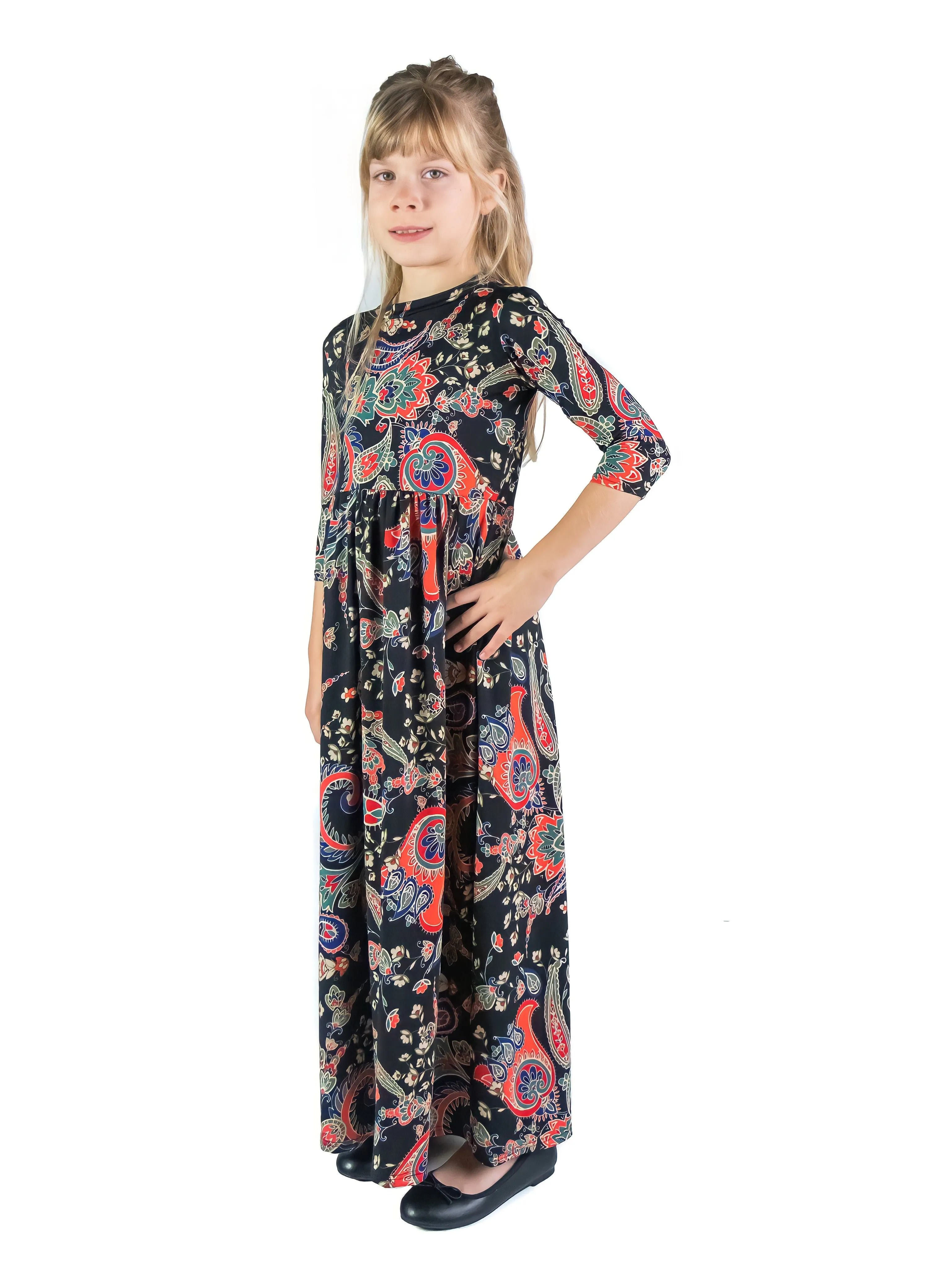 24seven Comfort Apparel Girls Black and Red Paisley Three Quarter Sleeve Pleated Maxi Dress