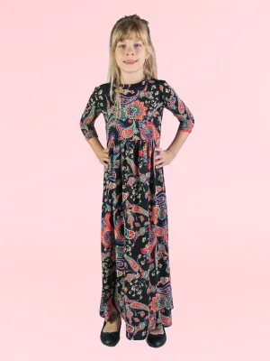 24seven Comfort Apparel Girls Black and Red Paisley Three Quarter Sleeve Pleated Maxi Dress