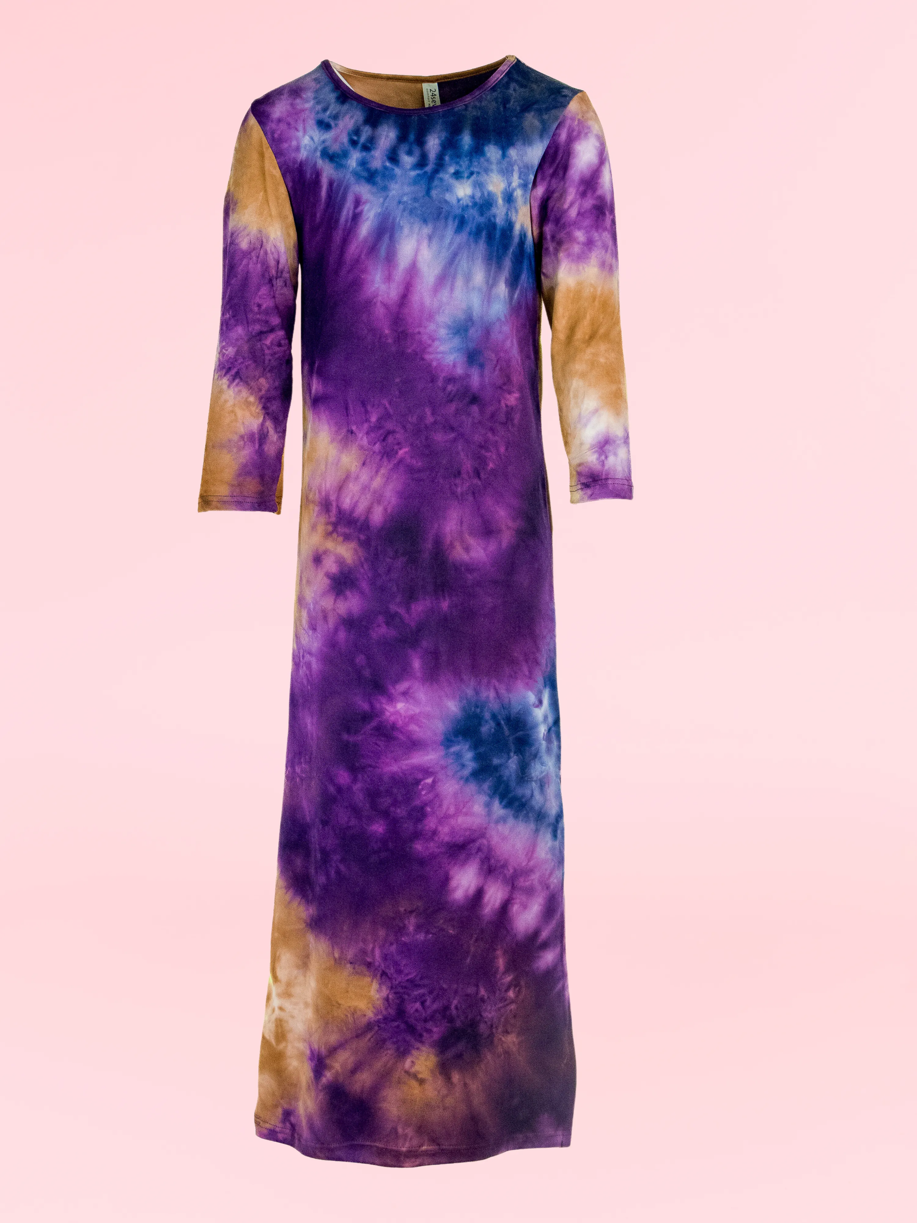 24seven Comfort Apparel Purple Tie Dye Girls Long Sleeve Side Slit Maxi Dress