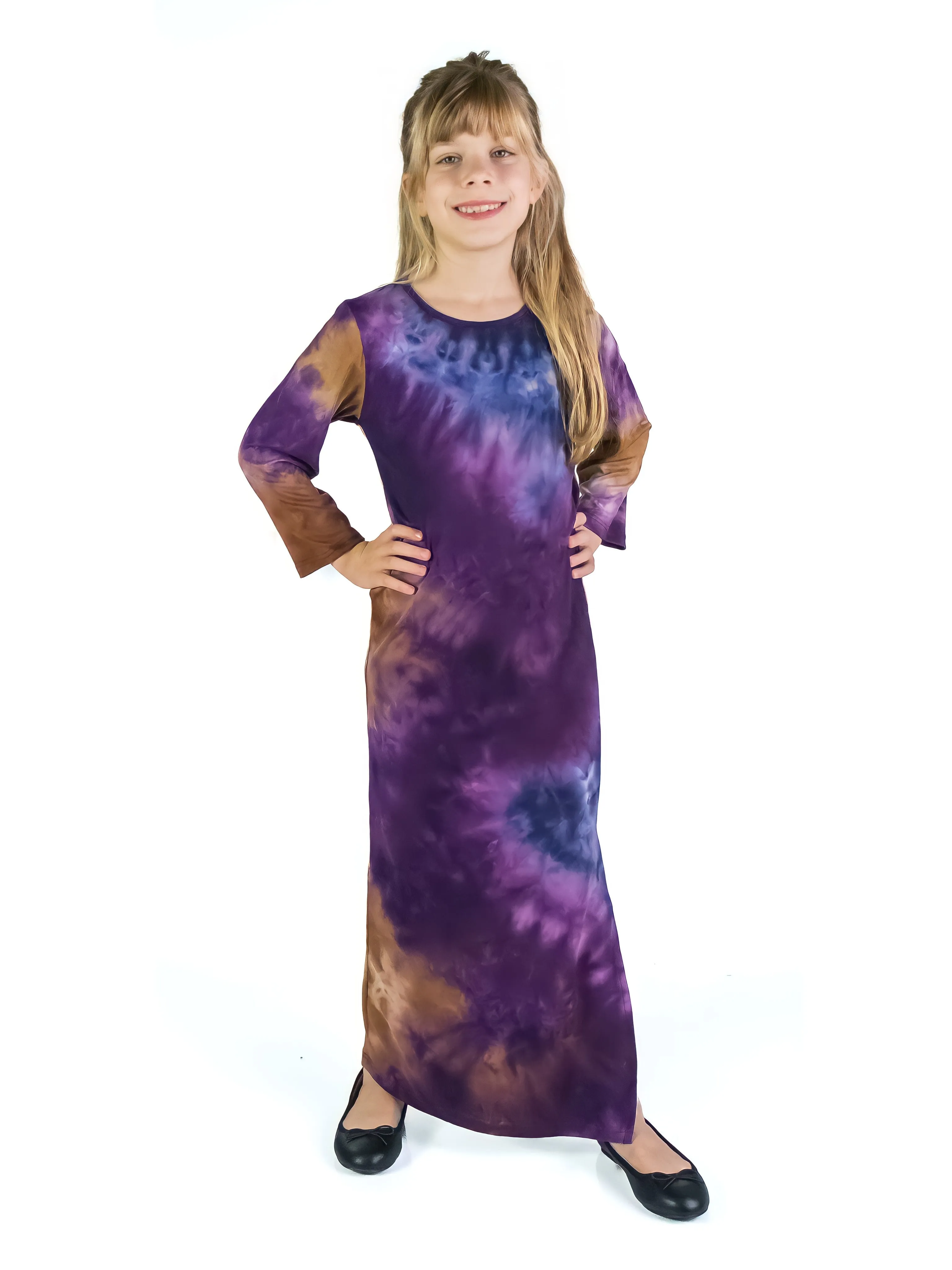 24seven Comfort Apparel Purple Tie Dye Girls Long Sleeve Side Slit Maxi Dress