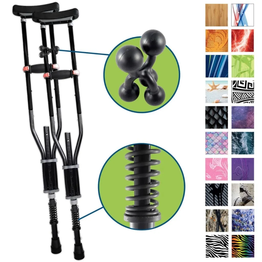 Adjustable Spring Cushion Crutches Perfect for Sports Injuries and Travel - Heights 4'7" to 6'6" - Adjust to 22" for Travel - Choice of Colors