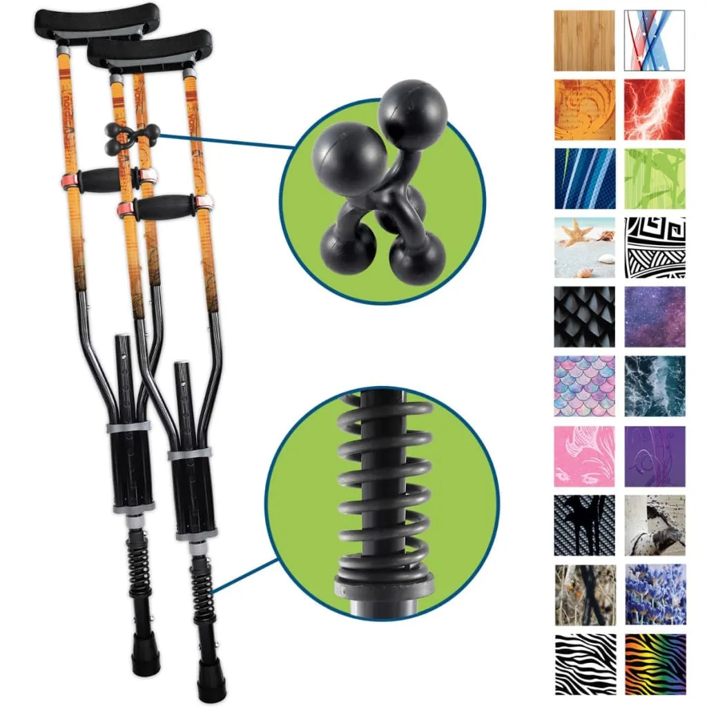 Adjustable Spring Cushion Crutches Perfect for Sports Injuries and Travel - Heights 4'7" to 6'6" - Adjust to 22" for Travel - Choice of Colors