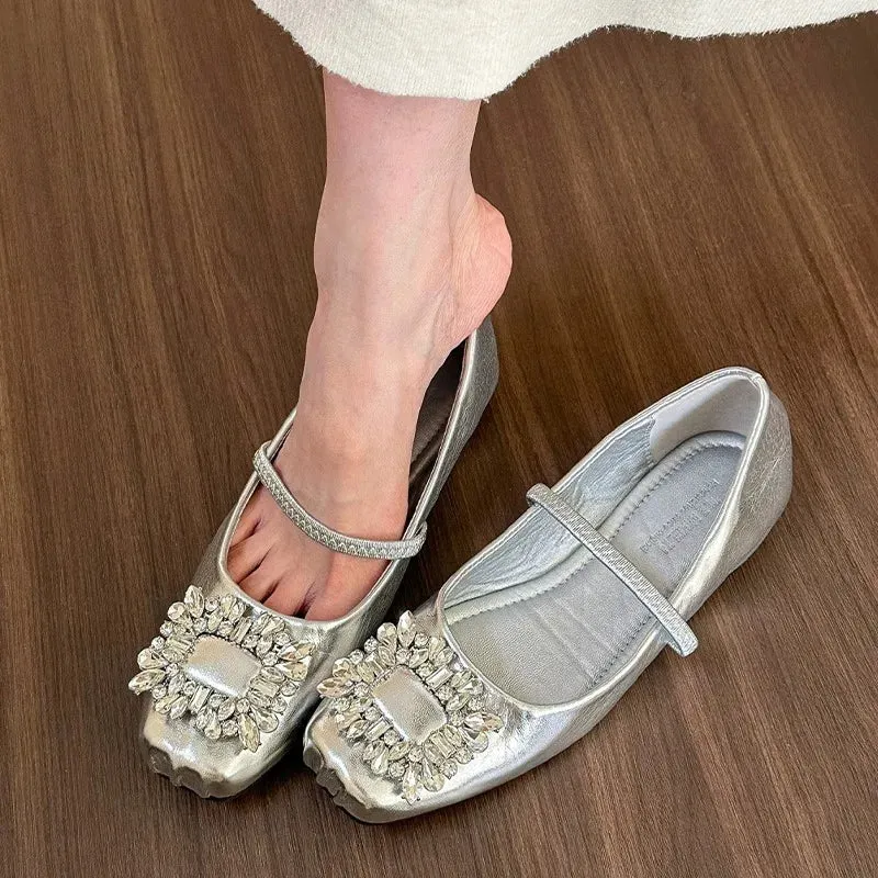 Aiertu Crystal New Women Flats Mary Janes Shoes Luxury Lolita Dress Sandals 2024 Fashion Shallow Square Toe Shoes Summer Female