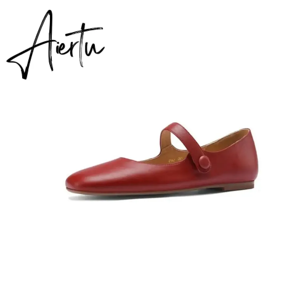 Aiertu Flat Heels Retro Square Toe Genuine Leather Women Shoes Spring Autumn Hook&Loop Casual Female Flats Shoes Size 34-40