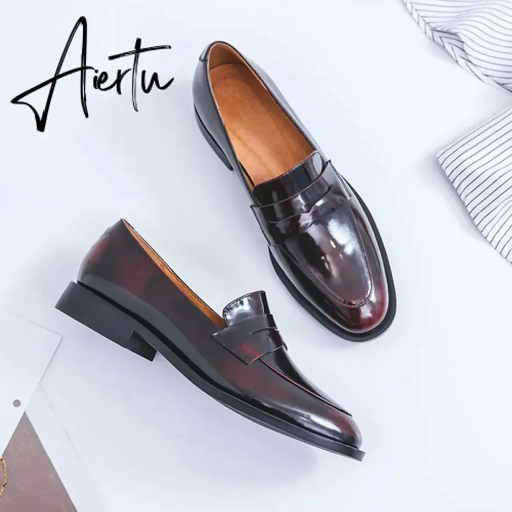 Aiertu ladies Leather shoes British style plus size 22-26.5cm women pumps loafers lazy shoes womens platform heels black shoes