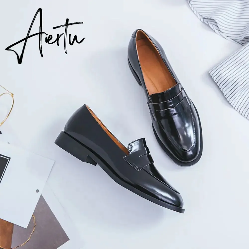 Aiertu ladies Leather shoes British style plus size 22-26.5cm women pumps loafers lazy shoes womens platform heels black shoes