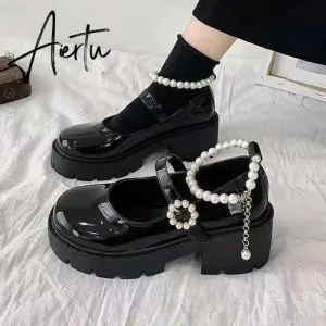 Aiertu Vintage British Style Zapatillas Mujer Pearl Decoration Mary Janes Buckle Strap Platform Women's Shoes Ladies Footwear