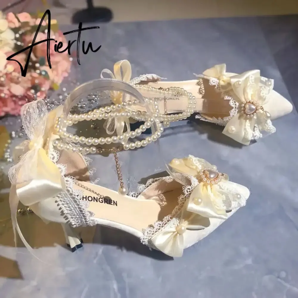 Aiertu White Bridal Shoe Wedding Shoes for Women Luxury Designer Mary Jane Elegant Woman Heeled Shoes Designer Heels Y2k Style Shoes