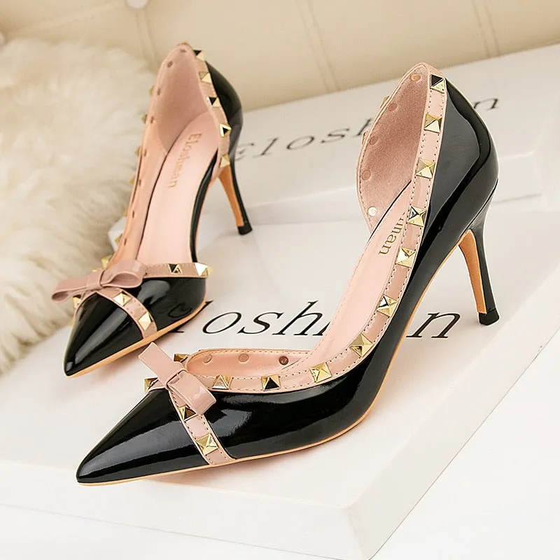 Amozae- Women's Shoes   Nightclubs Show Thin With Thin Heel High Heel And Shallow Mouth Pointed Side Hollow-Rivet Single Shoes