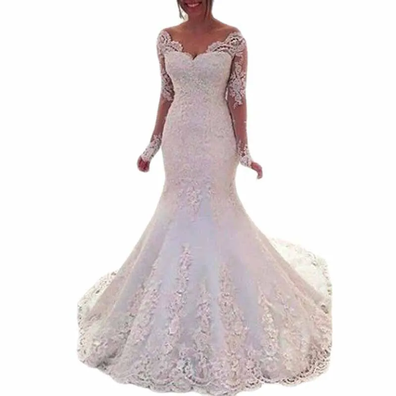 Appliques Lace Bride Gown Long Sleeves Mermaid Wedding Dress Backless