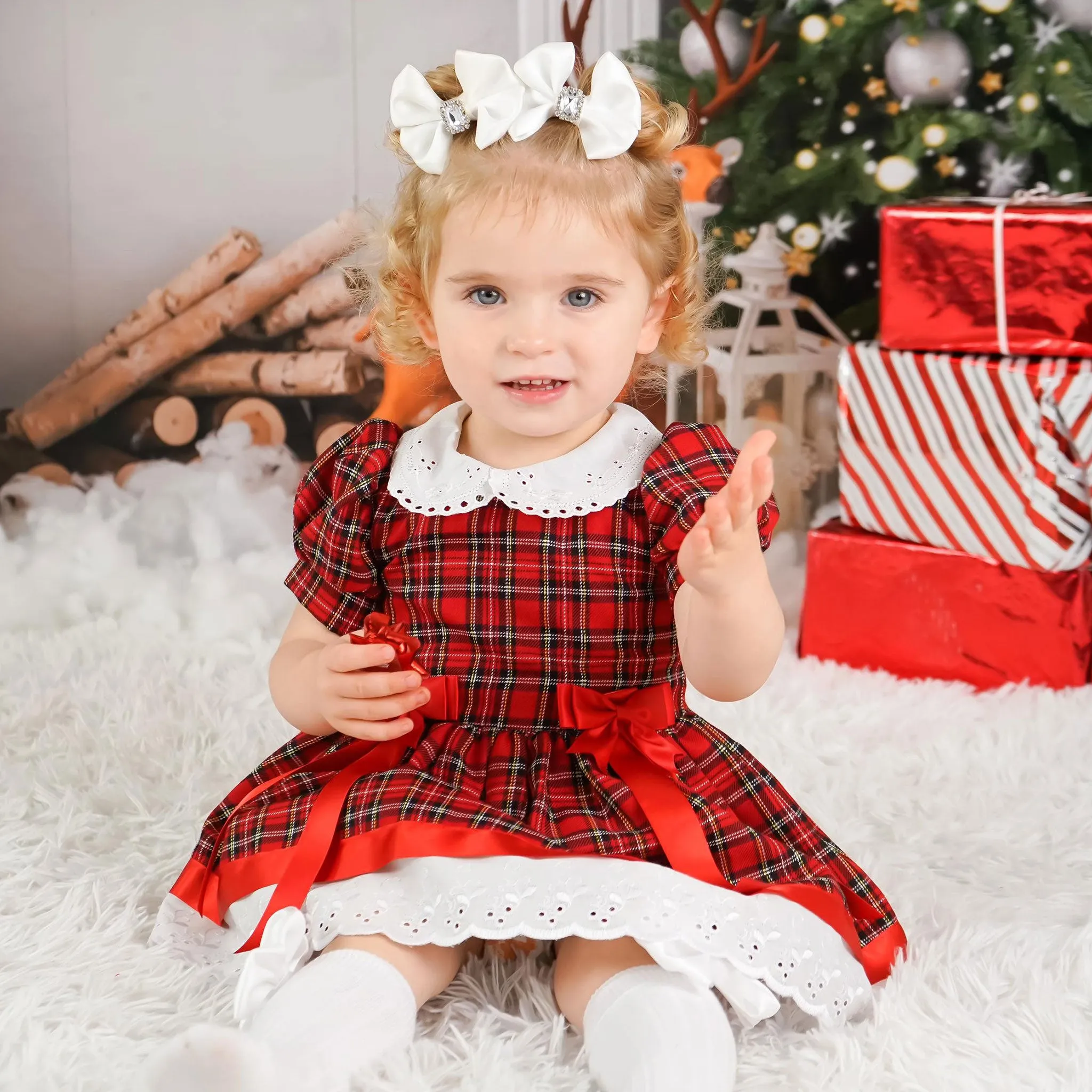 Baby Girls Red Tartan Dress with Red Bows