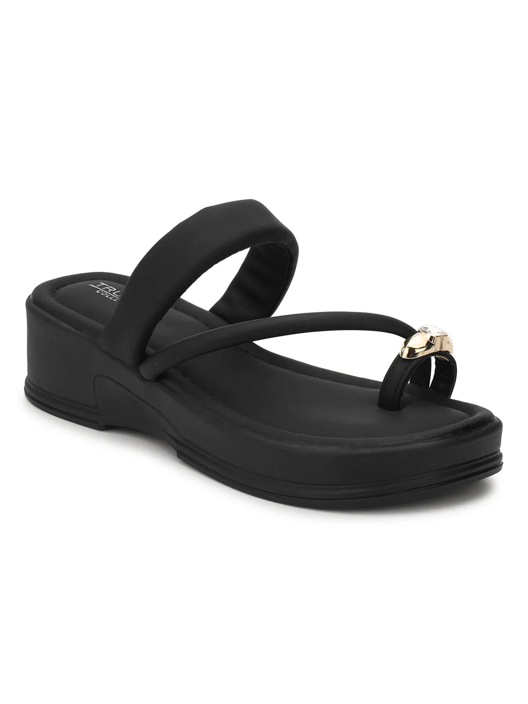 Black PU Diamond Toe Ring Slip-On Flats (TC-RS3599-BLK)