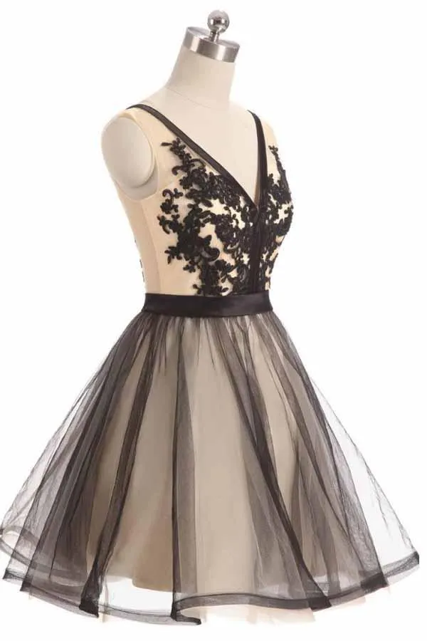 Black Tulle Lace V-neck Short Prom Dress Homecoming Dresses PD067