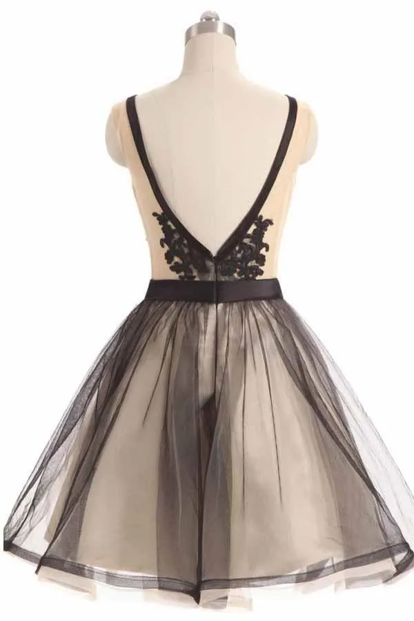 Black Tulle Lace V-neck Short Prom Dress Homecoming Dresses PD067