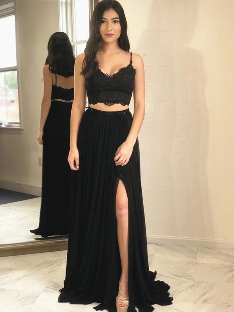 Black Two-Piece Lace Prom Dress, Formal Evening Bridesmaid Dress, BD2303112