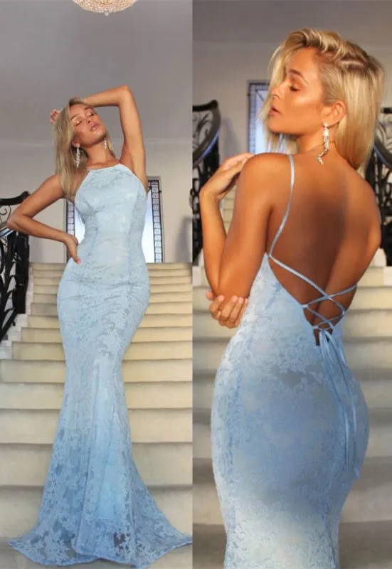 Blue Halter Lace Mermaid Backless Prom Dress with Lace-Up Back, PD2305050