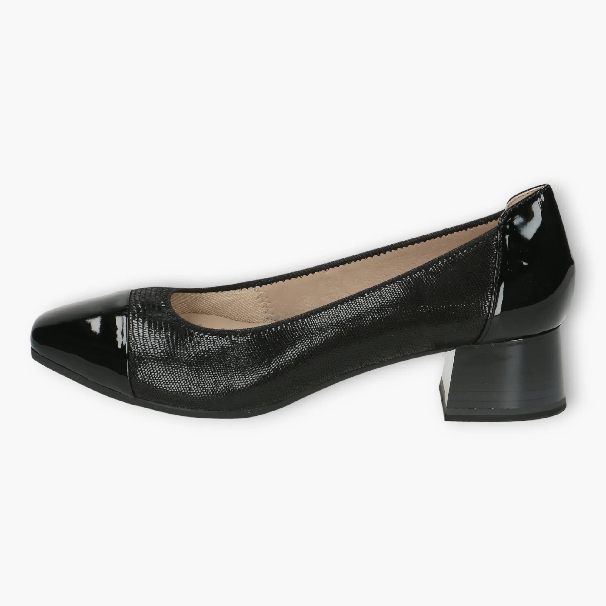 Caprice Black Patent Court Shoes - Block Heel, Wide Fit & Comfortable