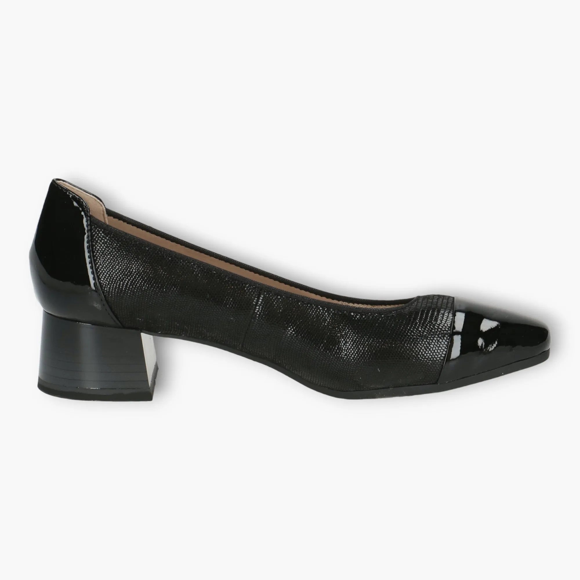 Caprice Black Patent Court Shoes - Block Heel, Wide Fit & Comfortable