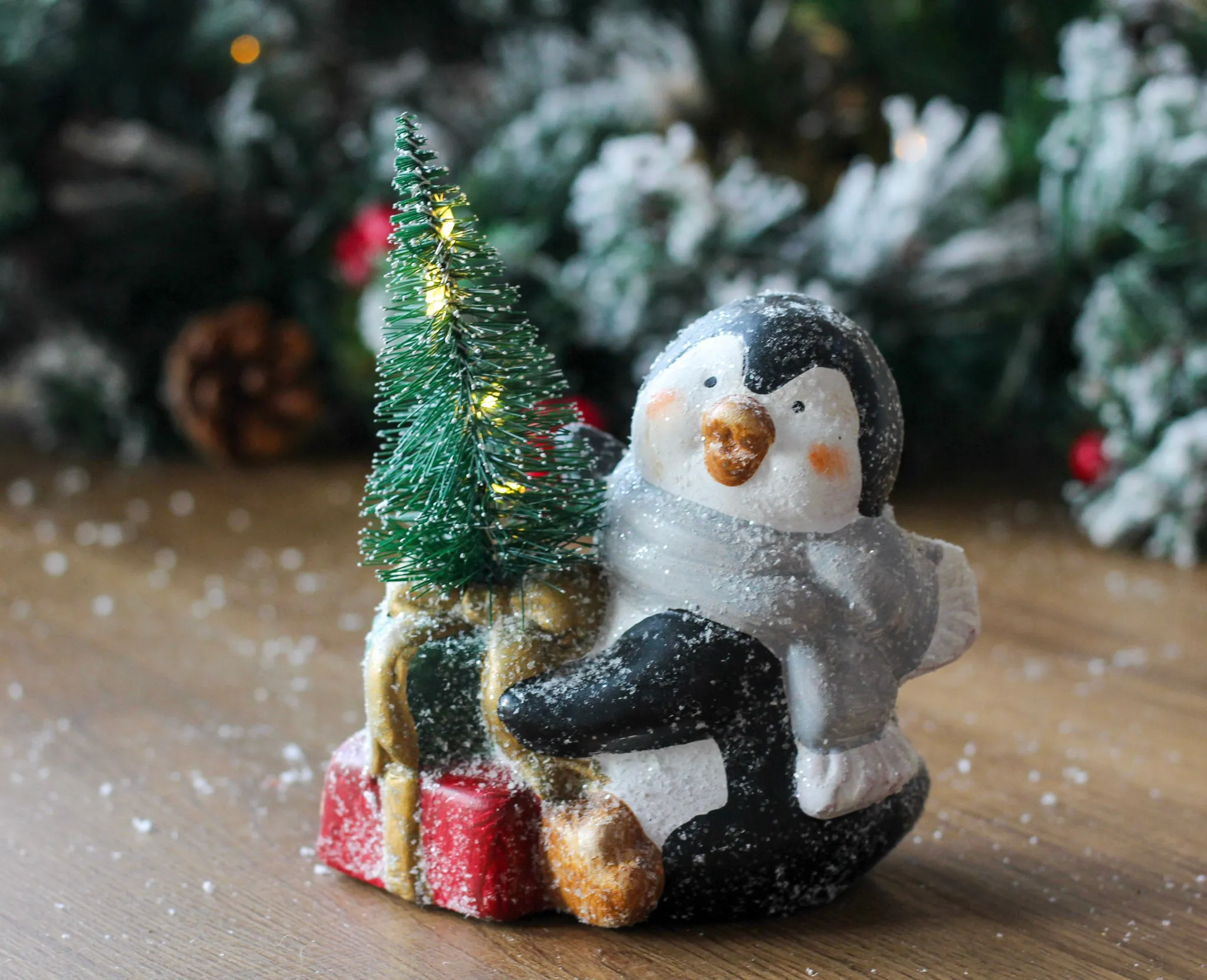 Ceramic Glittery Penguin With LED Light Up Bottle Brush Tree