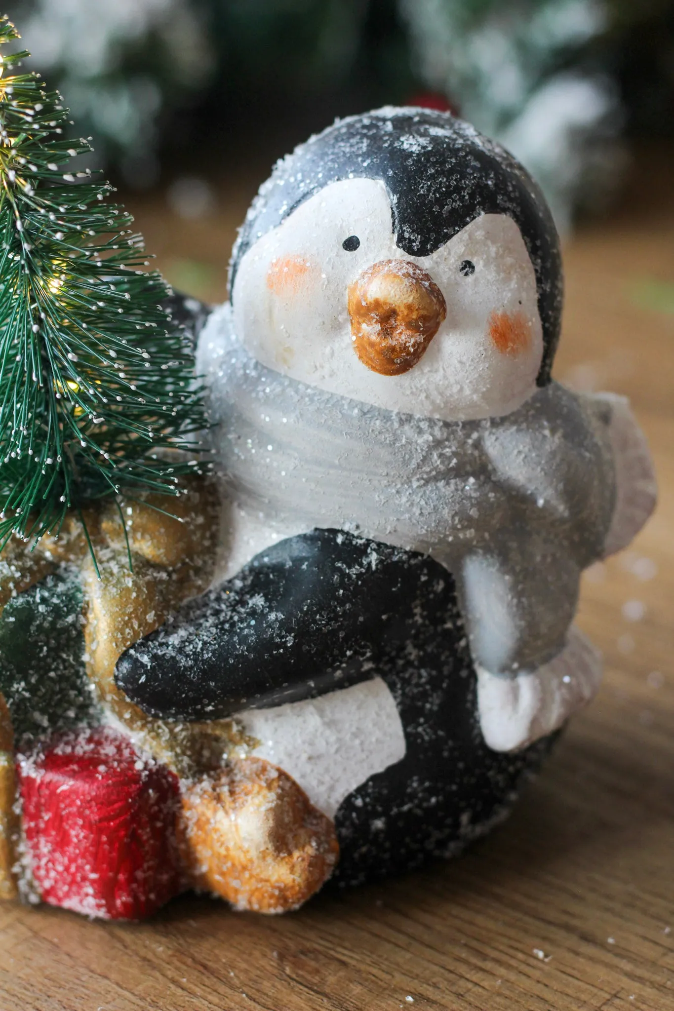 Ceramic Glittery Penguin With LED Light Up Bottle Brush Tree