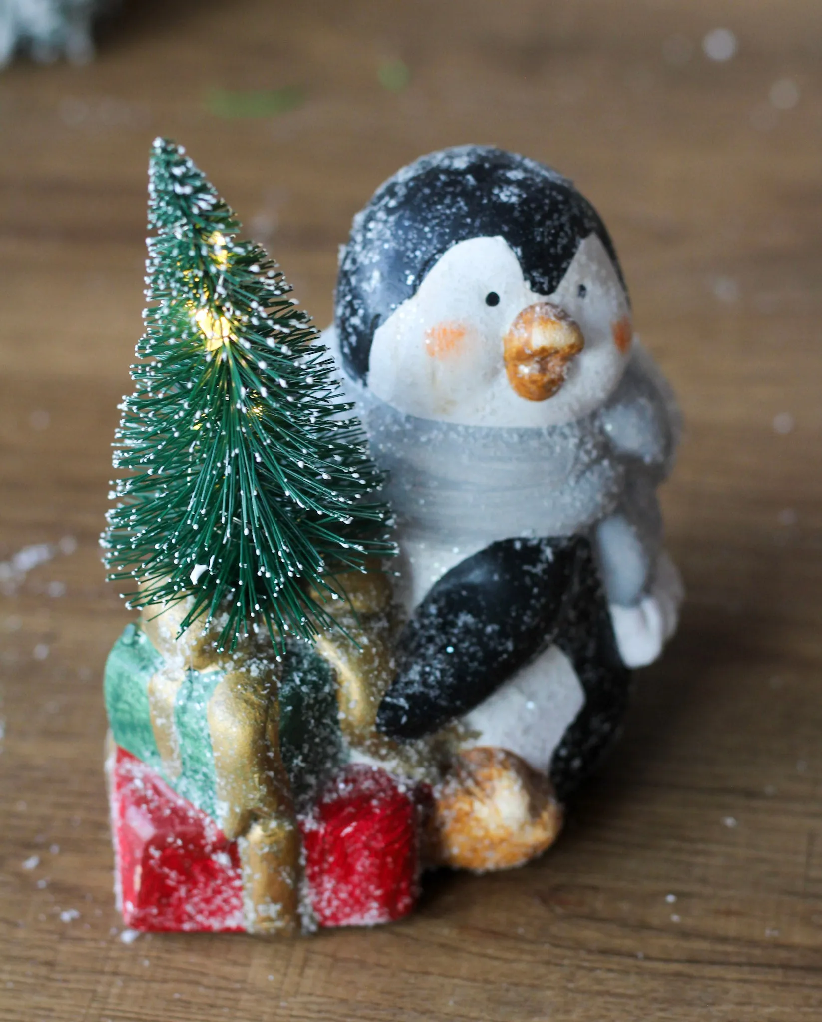 Ceramic Glittery Penguin With LED Light Up Bottle Brush Tree