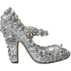 Dolce & Gabbana Silver Floral Crystal Mary Jane Pumps Shoes