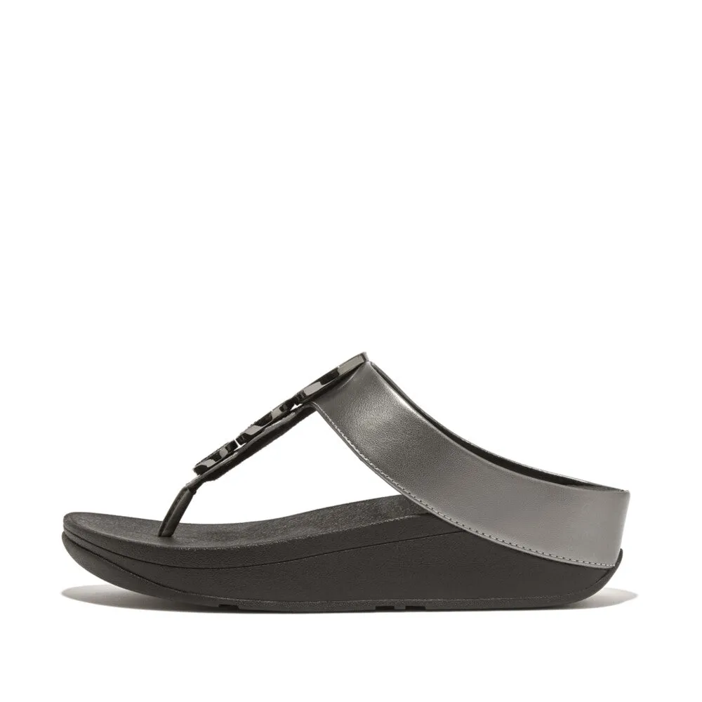 'FitFlop' Women's Halo Bead-Circle Leather Toe-Post Sandal - Pewter / Black