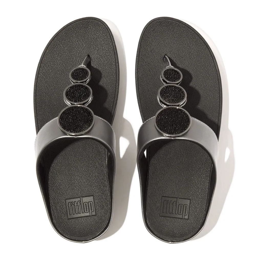 'FitFlop' Women's Halo Bead-Circle Leather Toe-Post Sandal - Pewter / Black