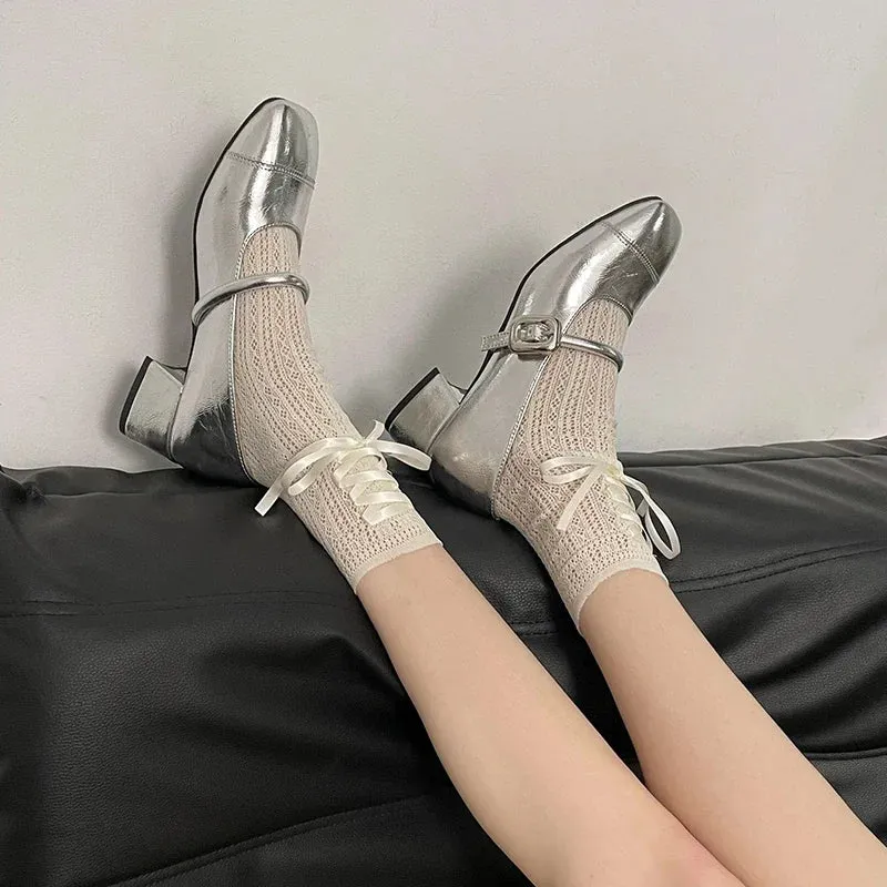 Hnzxzm Designer Women Mary Jane Shoes Fashion Eelgant Shallow Buckle Ladies Thick Heel Shoes Comfort Dress Silvery Pumps