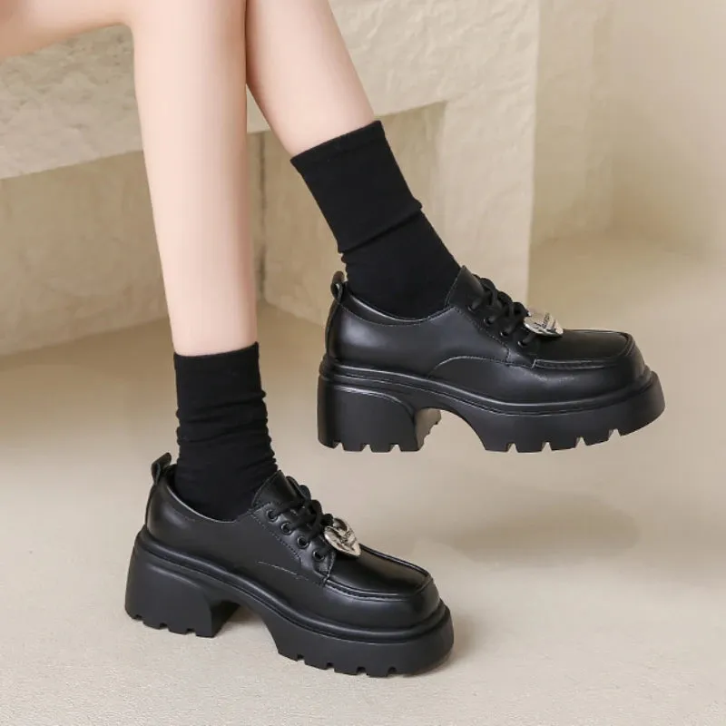 Hnzxzm High Heels Loafers Women Autumn Patent Leather Chunky Platform Pumps Woman Slip on Black Jk Uniform Shoes Mary Janes