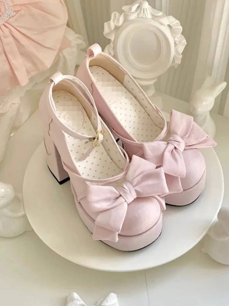 Hnzxzm Pink Sweet Lolita Mary Janes Shoes Women Japanese Princess Kawaii High Heels Shoes Female Bow French Vintage Platform Shoes