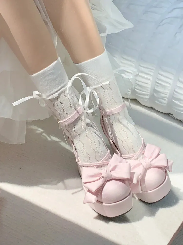 Hnzxzm Pink Sweet Lolita Mary Janes Shoes Women Japanese Princess Kawaii High Heels Shoes Female Bow French Vintage Platform Shoes