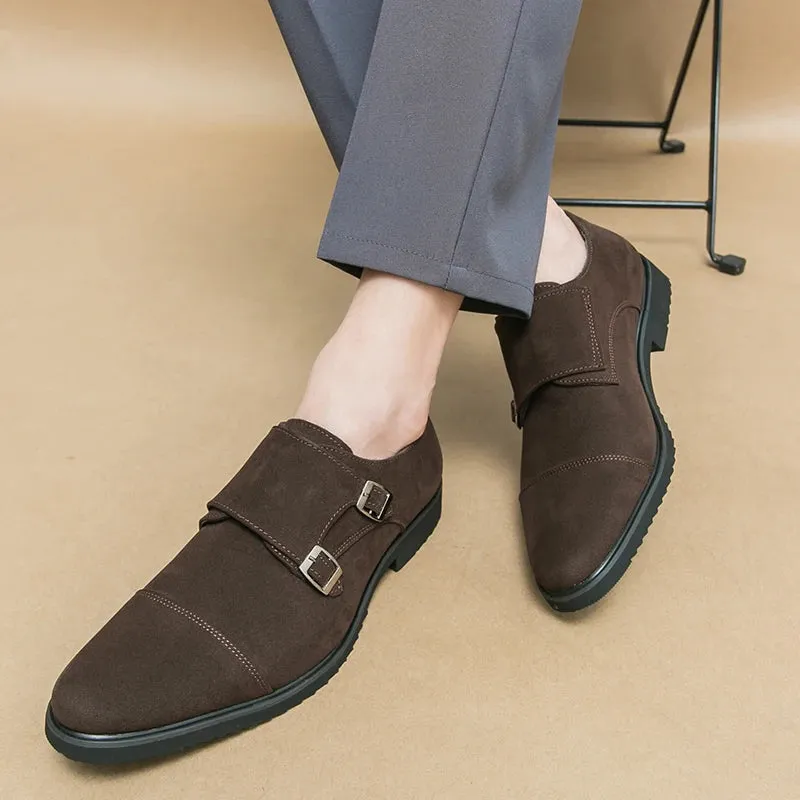 Ilooove New Brown Loafers Flock Double Buckle Monk Shoes Black Square Toe Slip-On Business Men Dress Shoes Size 38-46