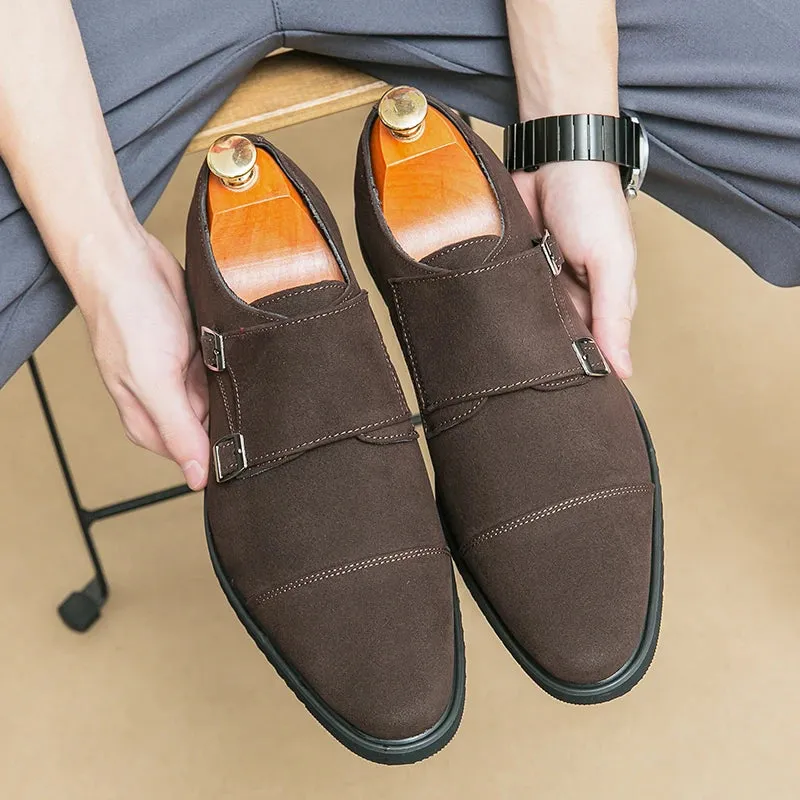 Ilooove New Brown Loafers Flock Double Buckle Monk Shoes Black Square Toe Slip-On Business Men Dress Shoes Size 38-46