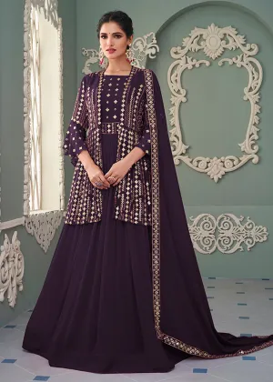 Jacket Style Plum Purple Embroidered Wedding Anarkali