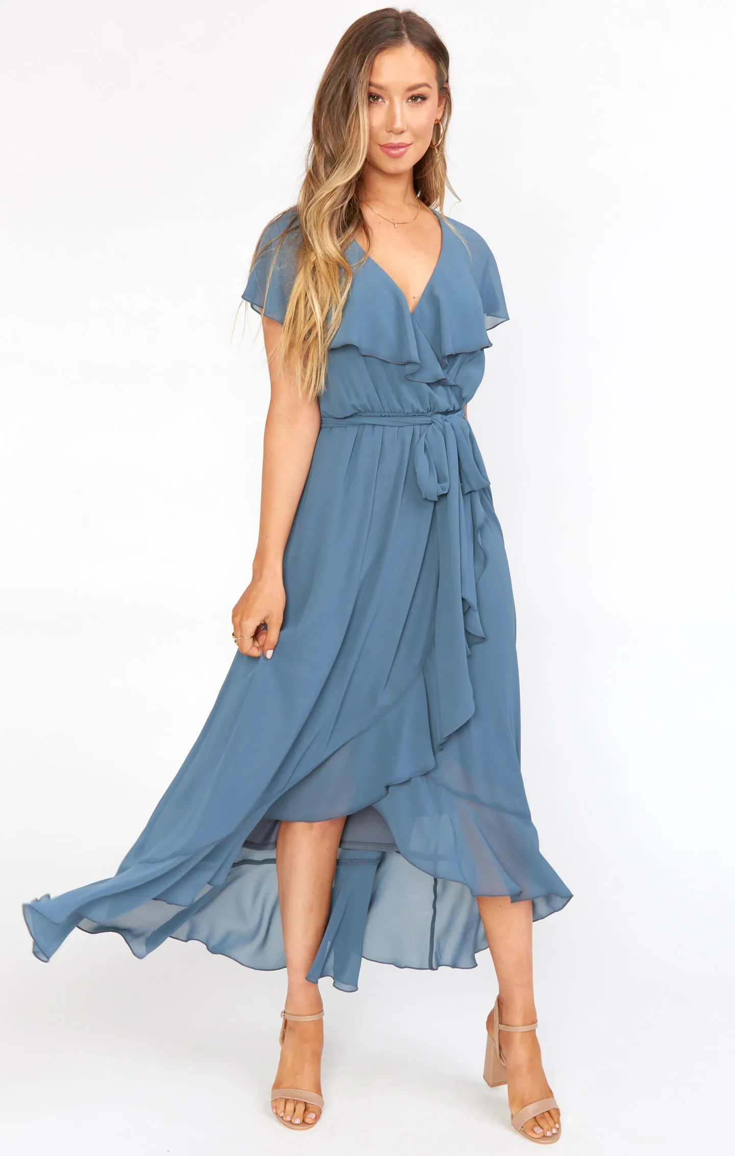 Jess Ruffle Midi Dress ~ Slate Blue Chiffon