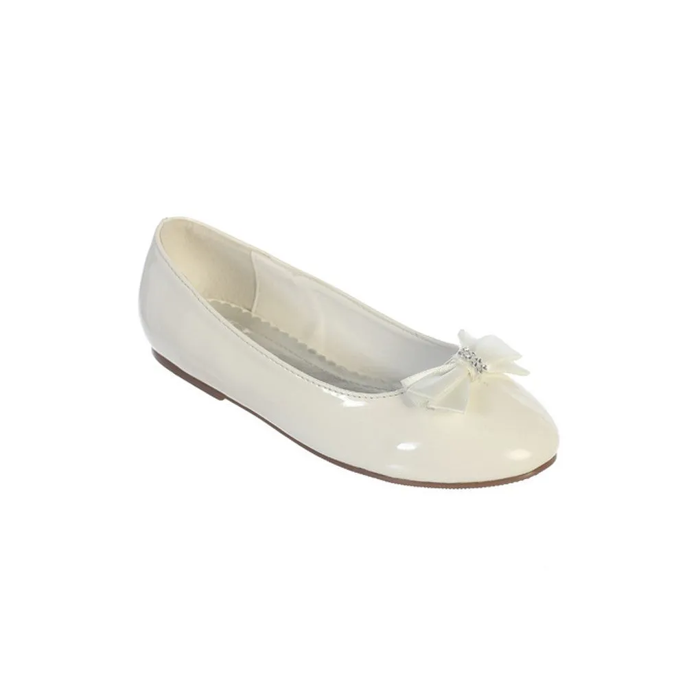 Little Girls Ivory Leather Satin Rhinestone Bow Patent Flats 9-10 Toddler