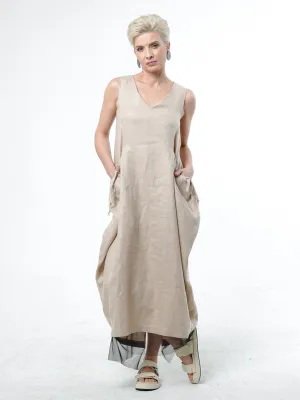 Long Linen Dress With Oversized Pockets In Beige