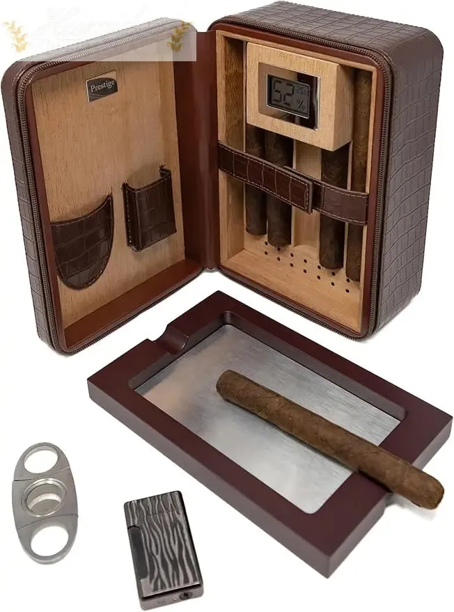 Manhattan XL Leather Travel Cigar Humidor Case Set (Hygrometer, Ashtray, Cutter, Lighter, Humidifier)