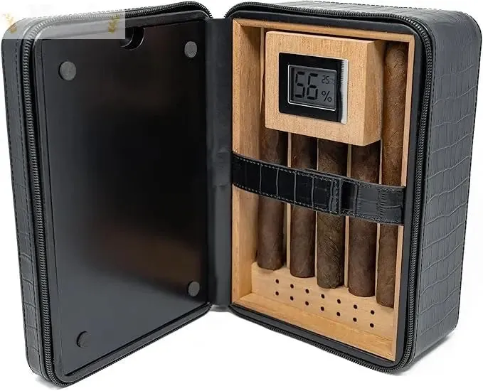 Manhattan XL Leather Travel Cigar Humidor Case Set (Hygrometer, Ashtray, Cutter, Lighter, Humidifier)