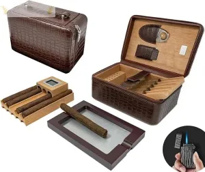 Manhattan XL Leather Travel Cigar Humidor Case Set (Hygrometer, Ashtray, Cutter, Lighter, Humidifier)