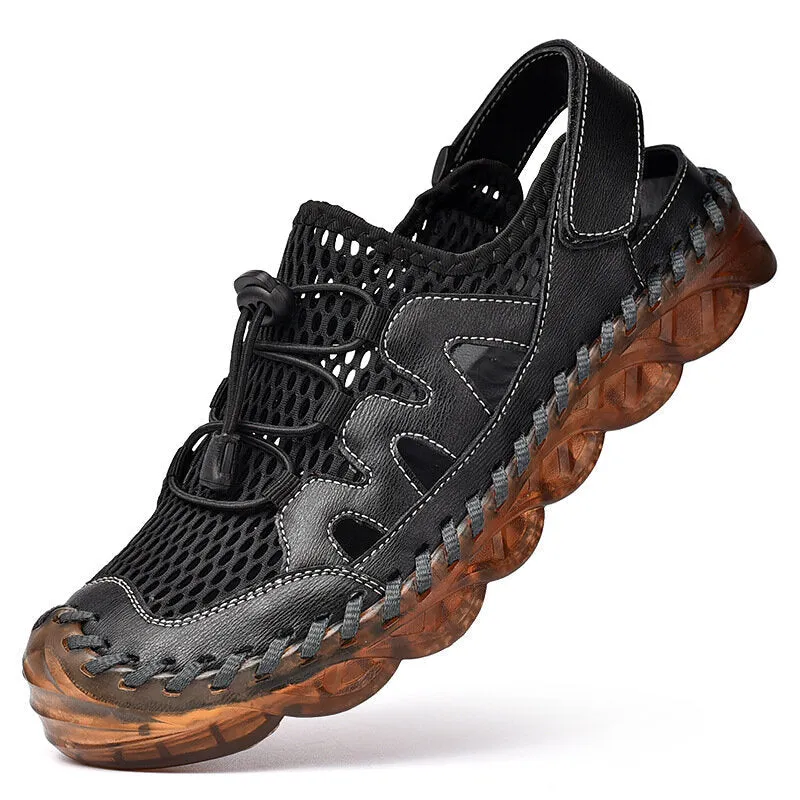 Men Hand Stitching Sandals Breathable Mesh Soft Sole Casual Shoes