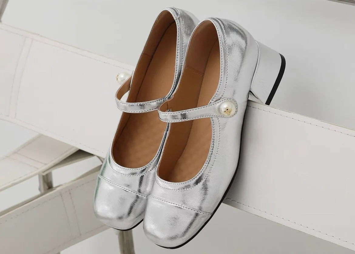 Minimalist Mary Jane Shoes, Women Retro Flats Shoes, Women Plain Toe Slip Ons, Women Vintage Beige Black Sliver Ballerina Heels