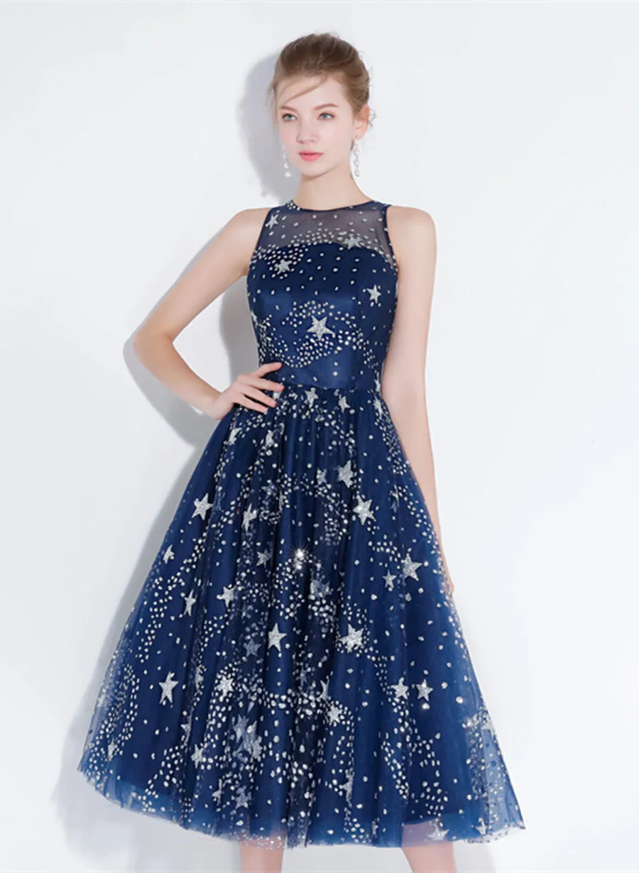 Navy Blue Tea Length Party Dress, Blue Prom Dress Bridesmaid Dress