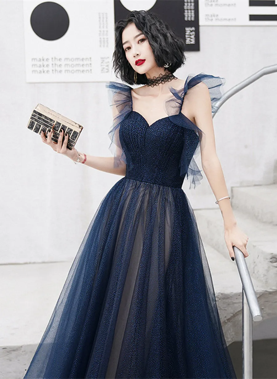 Navy Blue Tulle Sweetheart A-line Long Formal Dress, Blue Prom Dress Party Dress