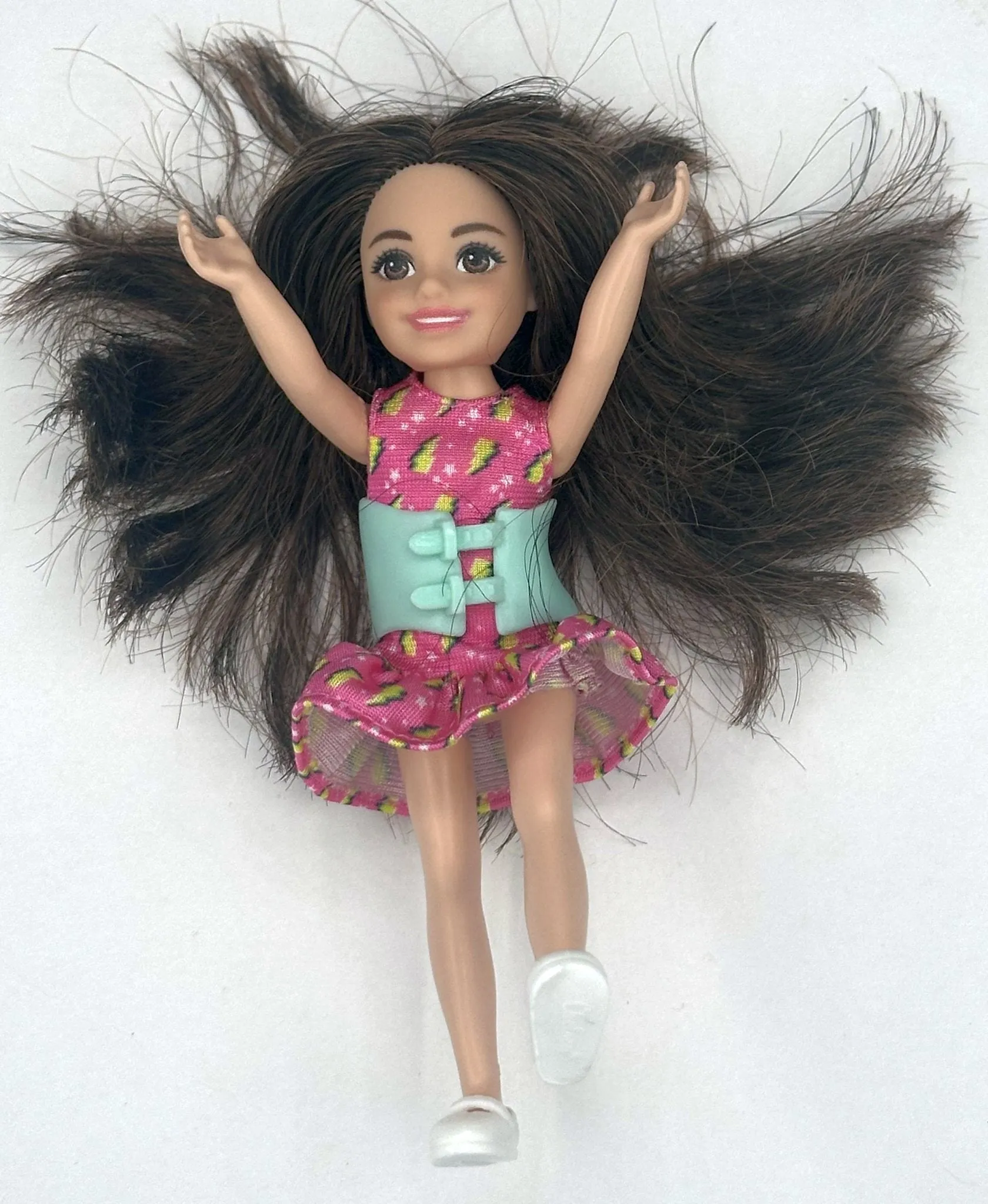 New Arrival | 6" Brunette Chelsea Doll-Removable Back Brace and Pink Dress