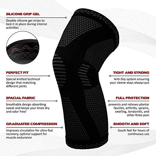 OBLIQ Sport Knee Cap Support Compression Sleeve for Running, Tennis, Football, Arthritis Pain Relief (1 Pair) (Black, Large(16.5-18 Inches))