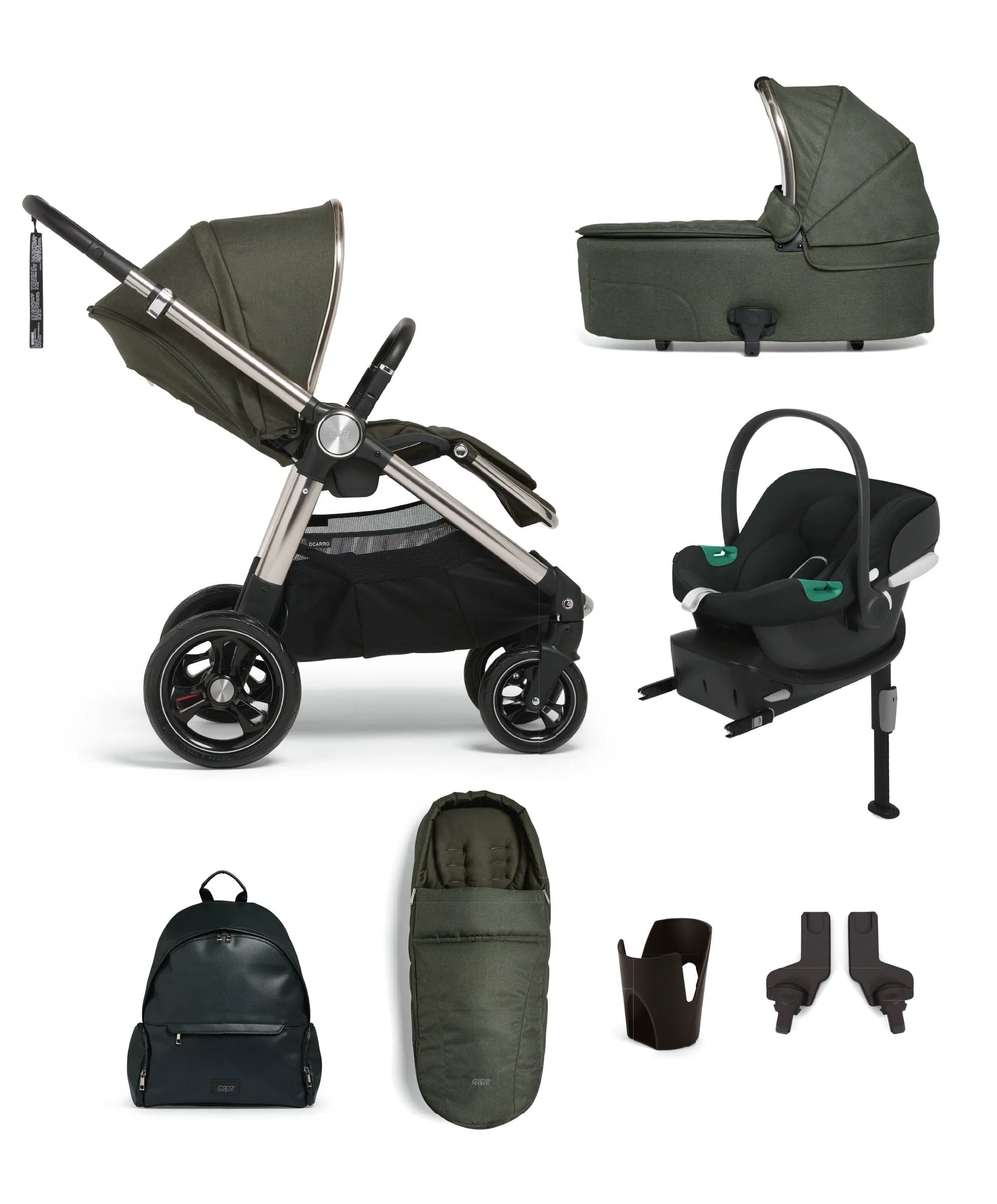 Ocarro Pushchair Bundle with Cybex Aton B2 i-Size Infant Car Seat (7 Pieces) - Hunter Green