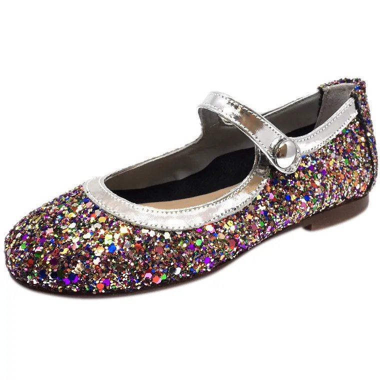 Papanatas by Eli Bright Silver Multi Glitter Mary Janes Button Flats